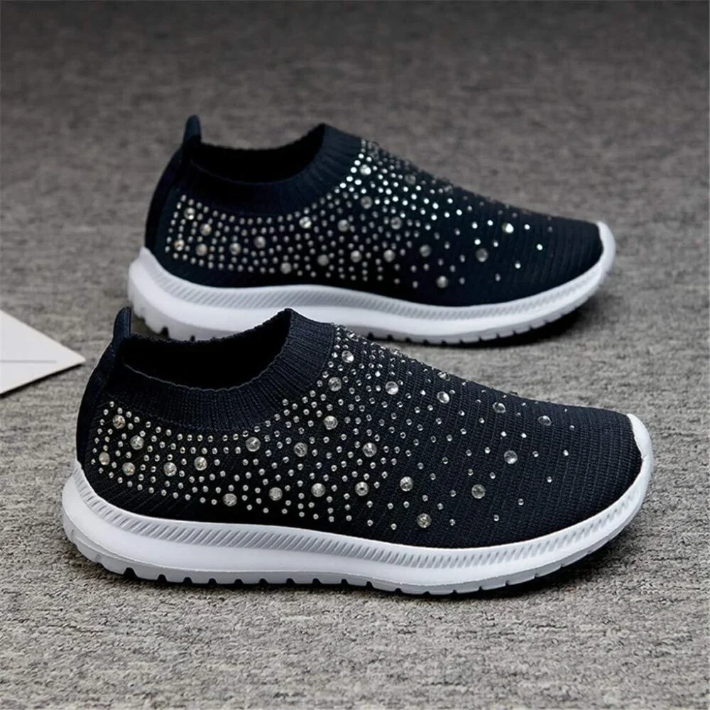 Women's Walking Shoes Rhinestone Glitter Slip On Ballroom Sneakers Dark Blue